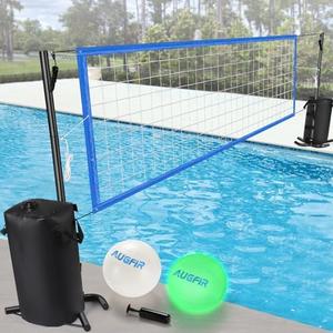 AugFir Pool Volleyball Net, Heavy-duty Pool Volleyball Set with 2 Pool Volleyballs, Stabilizing Pool Volleyball Net Holder with Two 25L Dual Water Bags Support - Pool Games for Adults and Family Needs Blue