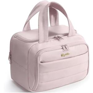 Bagstellar Travel Toiletry Bag for Women, Lightweight Large Quilted Puffy Makeup Bag Wide-open Make up Organizer Cloud Cosmetic Bag w/Handle for Traveling Toiletries Essentials Accessories Light Pink