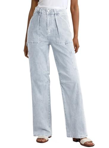 Dokotoo Womens Jeans Straight Leg Cargo Jeans for Women High Waist Baggy Trendy Womens Jeans Teen Girls Denim Trousers Blue, Size 4