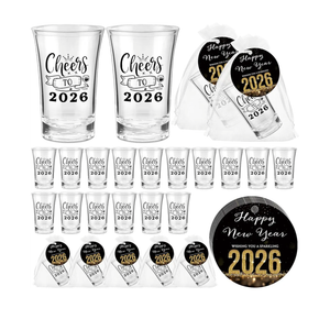 36 Sets Happy New Years Party Favors Include Cheer to 2026 Acrylic Clear Shot Glasses with Happy New Year Cards and Gift Bags Drinking Cups for 2026 Party Supplies