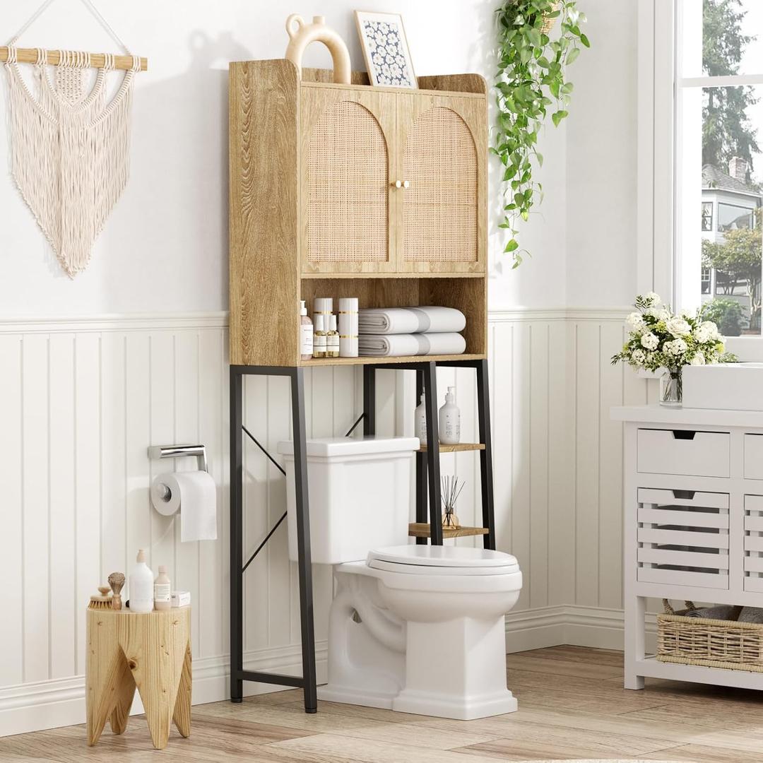 Rattan Over The Toilet Storage Cabinet with Adjustable Shelf and Large Space, Bathroom Organizers and Storage Over Toilet with Rattan Door, Metal Stand, Tall Storage Shelves Above Toilet, Natural, 30''W Over toilet cabinet