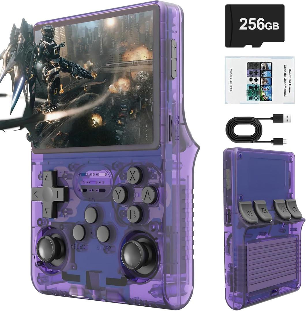 R40S PRO Retro Gaming Console, 30000+ HD Games Handheld Game Console, 3800mAh Rechargeable Mini Retro Video Console with 256GB TF Card, Portable Pocket Arcade (Transparent Purple)