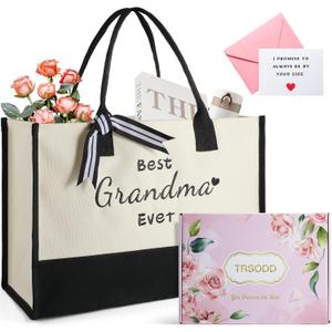 2 x TRSODD Mothers Day Gifts for Grandma Gigi Birthday Gifts for Women Canvas Embroidered Tote Bag and Makeup Bag (Best Grandma Ever-2)