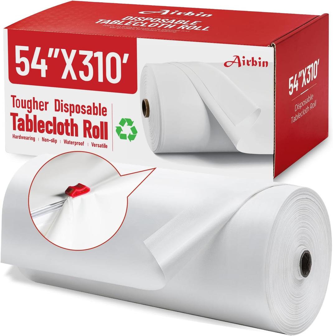 Plastic Table Cloth, 310 Ft X 54 in Disposable Tablecloth White Plastic Tablecloth with Any Cut Sliding Cutters Premium Table Cover Roll for Picnics, Parties, Birthdays, Weddings