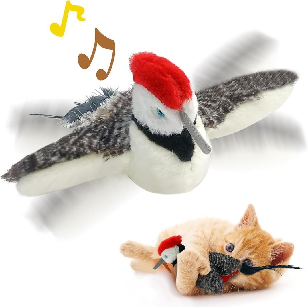 KreizyGo Cat Toys, Flapping Wings Woodpecker, No Flying, Chirping Bird Interactive Catnip Toy for Kitten or Small Dogs, Touch Activated, Rechargeable, 3 Modes
