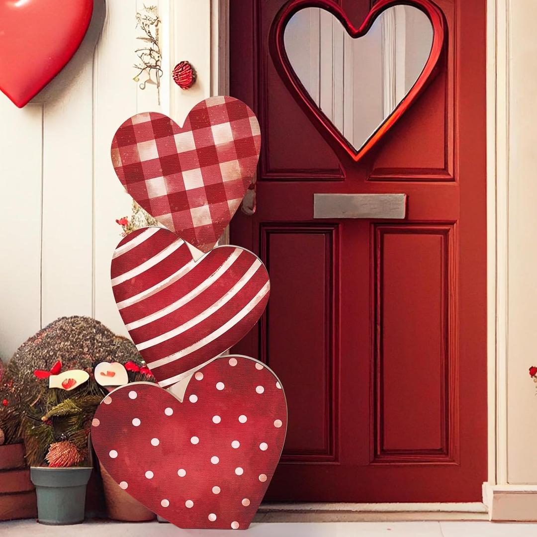 Yerliker 35 inch Valentine's Day Stacked heart for Home Front Porch Decor Wood heart Outdoor Decor Valentine's Day Sign for Yard Front Door Garden Patio Outdoor