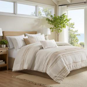 Harbor House King Comforter Set, Stripes Clipped Jacquard, Soft Cotton Oversized Comforter for a King-Size Bed, Farmhouse Bedding, 2 Shams, Bedskirt, 2 Décor Pillows, Morgan, King Ivory/Taupe