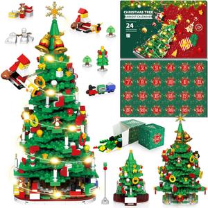 Advent Calendar 2025 Adult Kids Girls Boys Teens Women Men Christmas Tree Building Set,24 Boxes 1100+ Pcs Christmas Countdown Calendar Building Blocks with LED Light stocking stuffers for kids