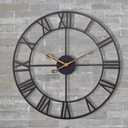Large Industrial Wall Clock with Roman Numerals, Indoor Silent Non-Ticking Retro Clock, Vintage Metal Decorative Black Metal Art Clock Battery Operated for Home Kitchen Cafe Hotel Office Decor (24in, Gold)