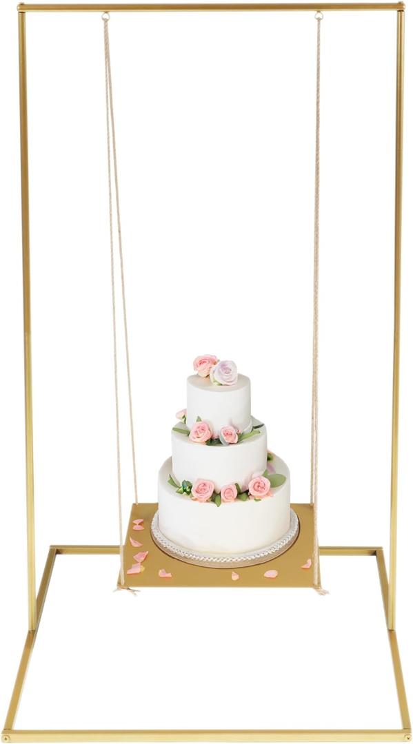 Trademark Innovations Dessert Stand, Wedding Cake Stand, Floating Cake Stand, Gold Metal 2.75 Feet Tall with Jute Rope