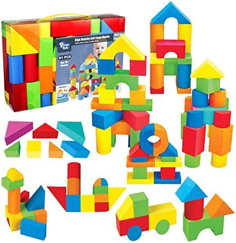 Pairez Toys Foam Building Blocks for Toddlers 1-3, 81 Pieces Soft Stacking Blocks Toy Set, Baby Bath Foam Toys, Sensory and Montosorri Toys for Boys & Girls 18+ Months