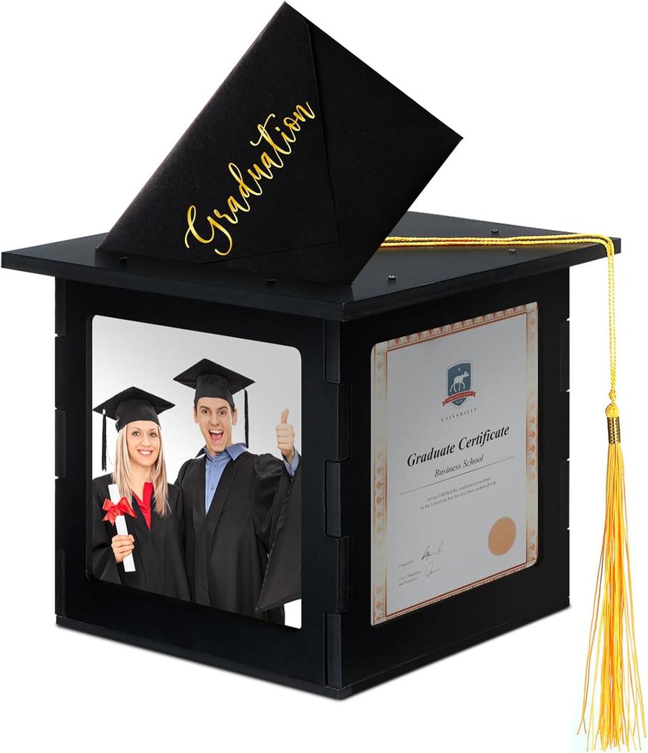Menkxi 2026 Wooden Graduation Card Box Holder for Party with Picture Frame Graduation Cap Shaped Gift Card Box Decorations with Tassel for Grad College Party Favors(Black)
