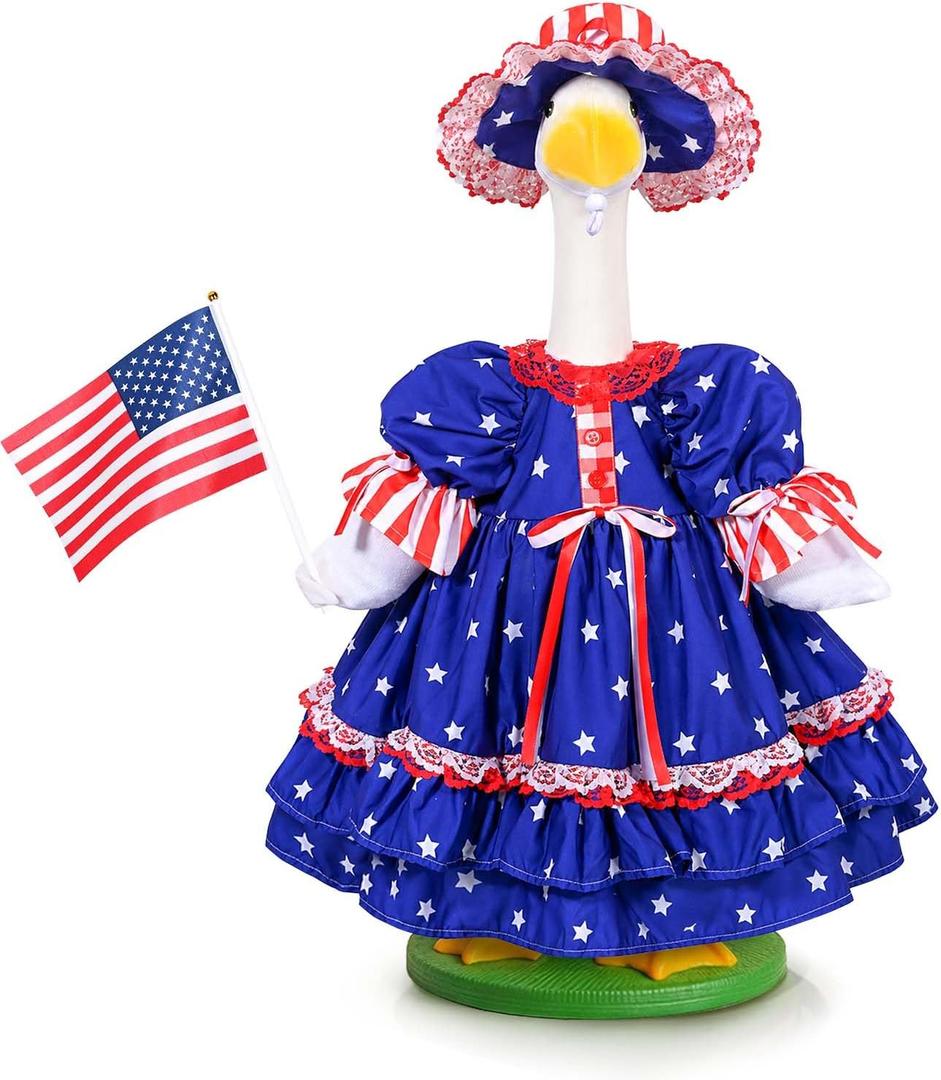 Patriotic Porch Goose Outfit 4th of July Lolita for 23" Cement Plastic Statue Memorial Day Goose Costume Independence Day Geese Clothes USA 250th Anniversary Outdoor Patio Yard Lawn Garden Decoration