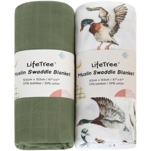 LifeTree Muslin Swaddle Blankets, Baby Swaddling Wrap Nursery Receiving Blanket for Boys & Girls, 70% Viscose from Bamboo and 30% Cotton, Large 47 x 47 inches Mallard Duck/Olive Green