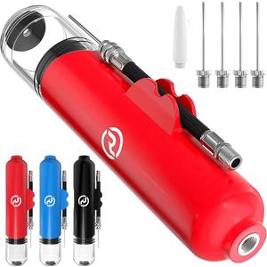 Ball Pump for Sports Balls - 5 Needles - Basketball Pump, Soccer Ball Pump - Air Pump for Balls, Volleyball, Football Accessories Equipment - Hand Pump for Inflatables - Never Lose Pin with Holder (Red)