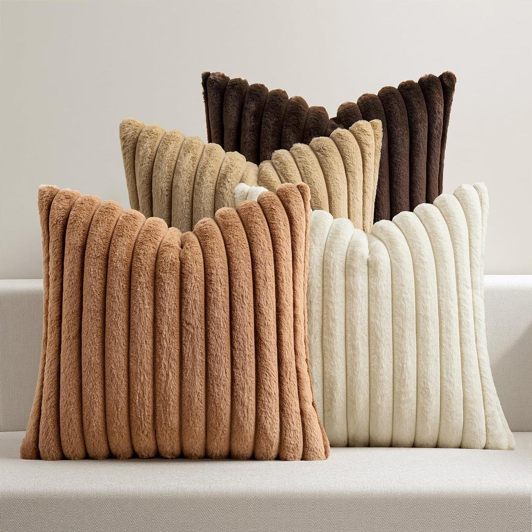 MIULEE Faux Fur Plush Decorative Throw Pillow Covers 18x18 Set of 4, Boho Farmhouse Soft Fuzzy Striped Cushion Covers for Sofa Couch Bed Living Room Vintage Rustic Home Decor,Brown