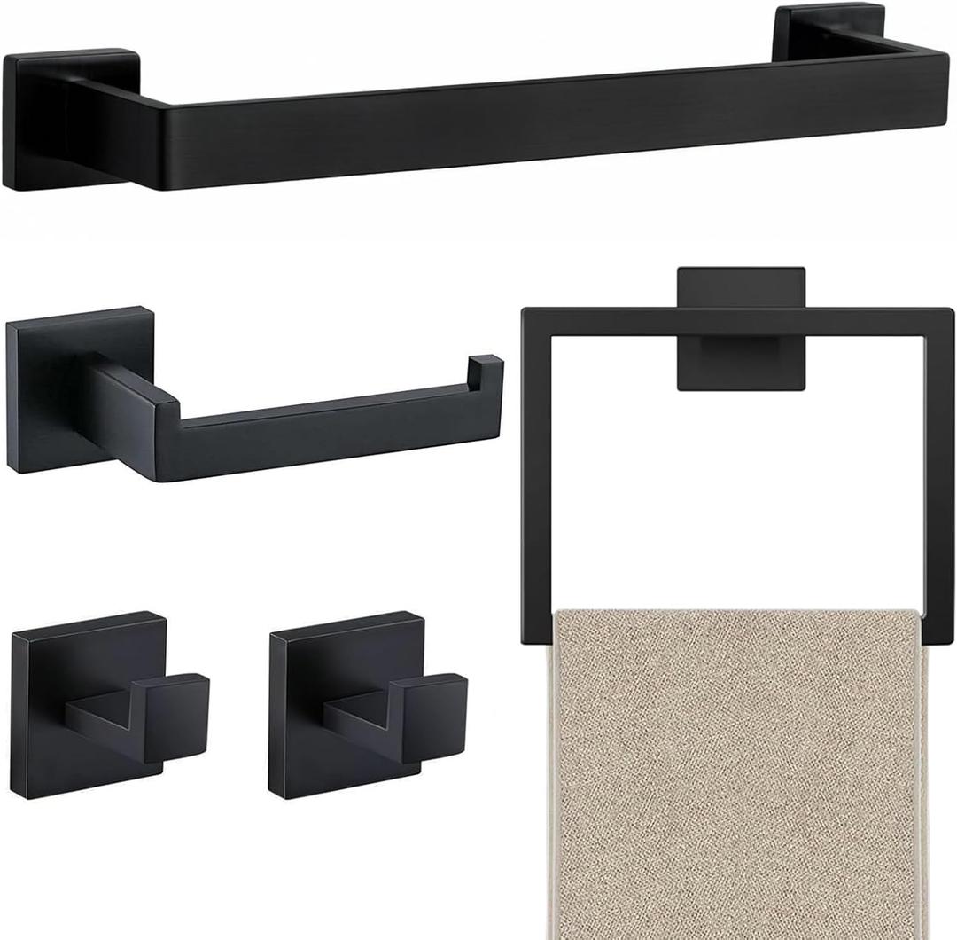 JOPOFI 5 Piece Bathroom Towel Bar Set - SUS304 Stainless Steel Bath Towel Holder, 15.7 Inch Towel Racks for Bathroom Wall Mounted, Bathroom Hardware Accessories Set - Matte Black