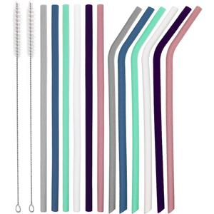 Senneny Set of 12 Silicone Drinking Straws for 30oz and 20oz - Reusable Silicone Straws BPA Free Extra Long with Cleaning Brushes- 6 Straight + 6 Bent- 6mm diameter