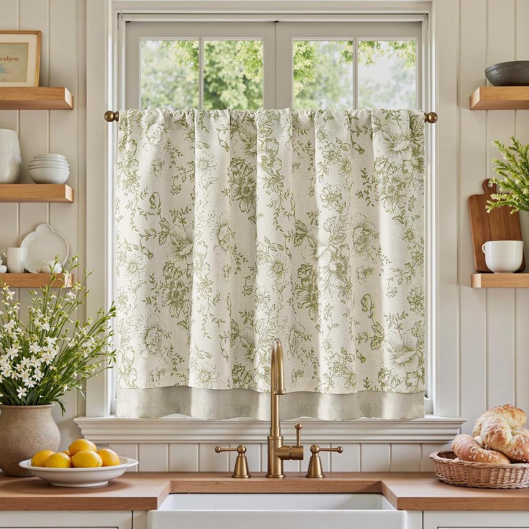 jinchan Linen Kitchen Curtain 36 Inch French Floral Double Layer Curtain Farmhouse Vintage Tier Drape Rustic Half Window Curtain for Living Room Window Treatment Rod Pocket 1 Panel Green on Beige