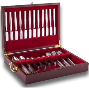 GENRICE Wooden Silverware Chest without Silverware, Silverware Box Storage for Silver, Silverware Case with Handle and Felt Lined, Flatware Chest for 12 sets of Utensils