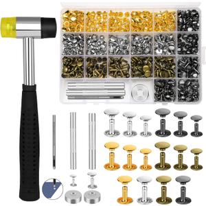 TLKKUE 240 Sets Rivets for Leather 3 Sizes Double Cap Rivets Tubular 4 Colors Leather Rivets with Rubber Hammer Fixing Tool Kit 4 Pieces for DIY Leather Craft Clothes Shoes Decoration and Repair