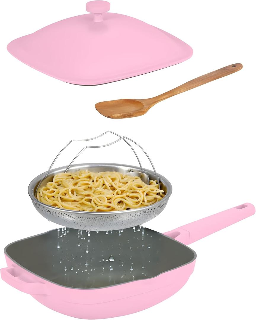 11" Square Ceramic Nonstick Frying Pan with Lid & Steamer Basket – Deep Saute Pan Skillet, PFAS-Free Non Toxic Cast Aluminum, Induction Compatible, Dishwasher Safe, Pink