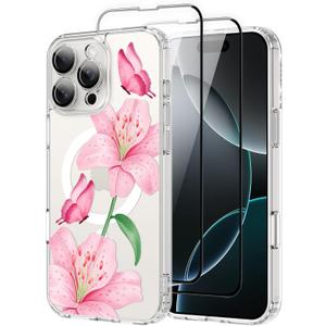 OOK Magnetic Case for iPhone 16 Pro Case Cute Flower Butterfly Design with 2 PCS Screen Protector [Compatible with MagSafe] for Girls Women Floral Clear Slim Phone Cover-Pink Lily Flower