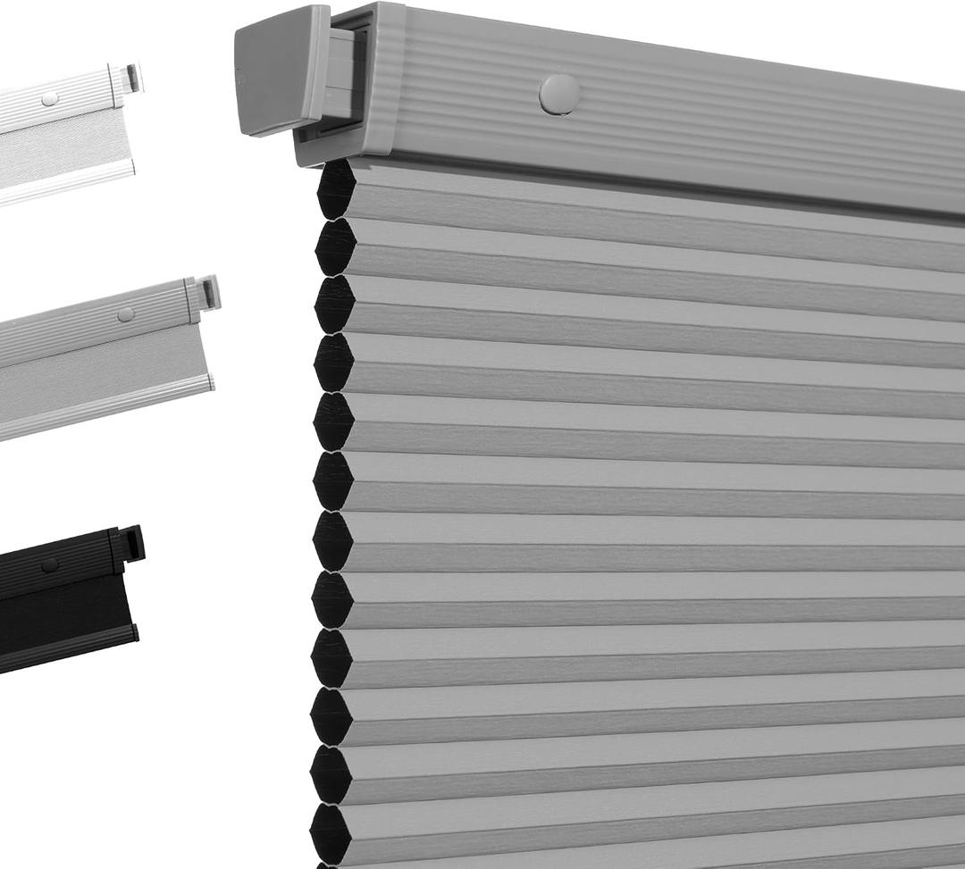 Boolegon No Drill Cellular Shades for Indoor Windows,Noise Reducing & Thermal Insulating Honeycomb Blinds,Cordless Free Stop Blackout Blinds Easy to Install,30" W x 64" H,Blackout Grey
