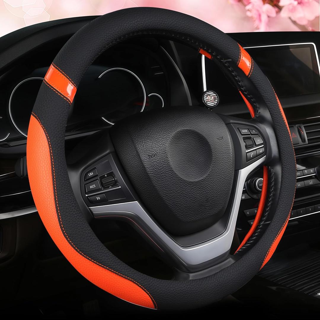 Cute Leather Steering Wheel Cover for Men and Women, Non-Slip Grip Universal Fit for Cars Trucks and SUVs (Orange)