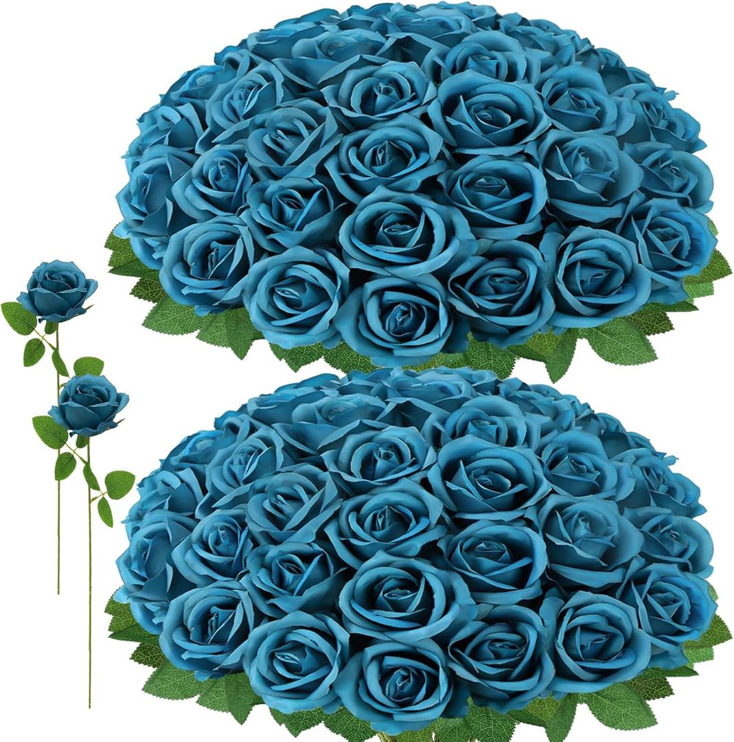 72 Pcs Artificial Roses Teal Fake Silk Roses Realistic Roses Faux Flower Indoor Wedding Home Decor, Birthday Decorations