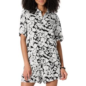 Amazon Essentials Women's Relaxed-Fit Fluid Twill Button-Down Shirt (Short Sold Separately) (Black Ivory Folk Floral, XS)