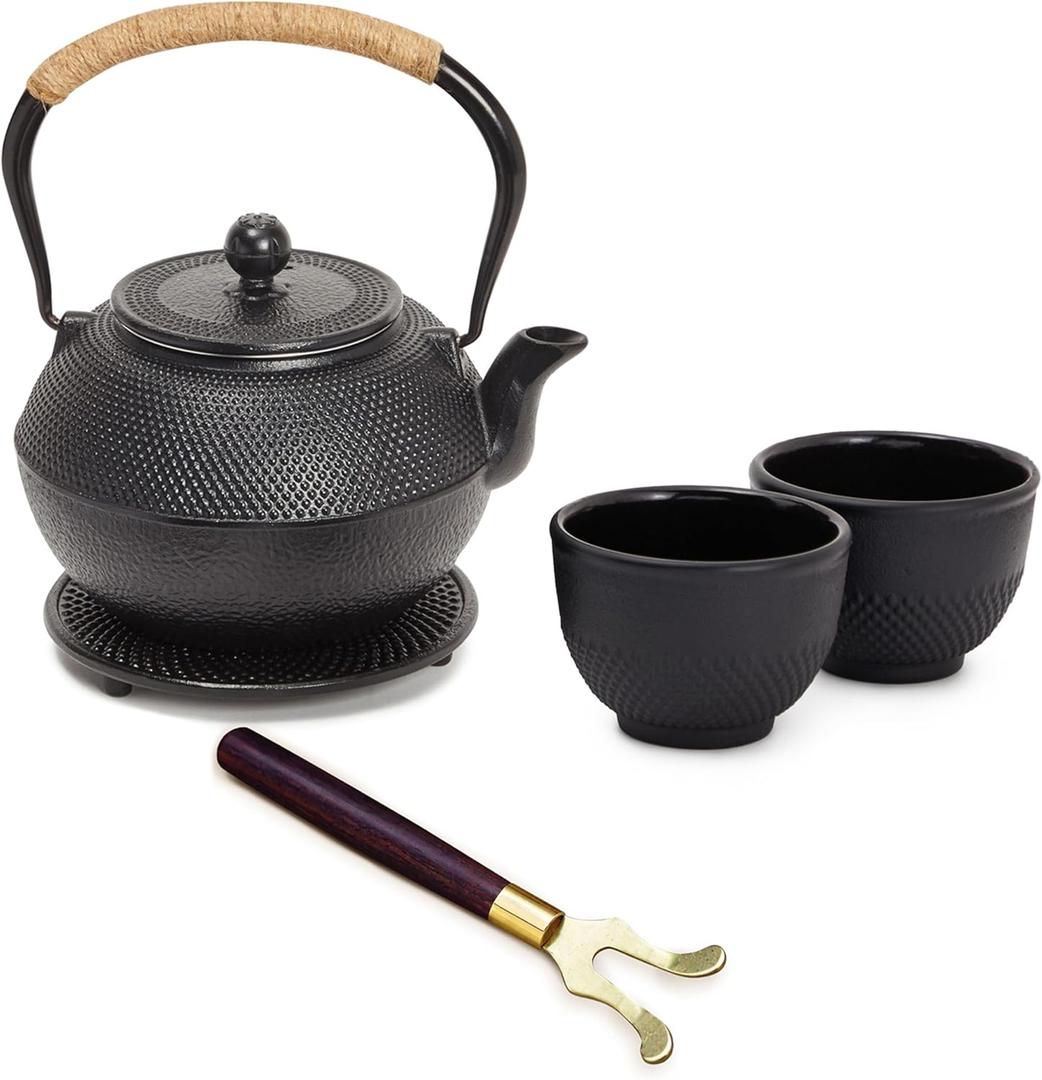 Juvale Cast Iron Teapot  1200 mL, Black, 2 Cups  Japanese Tea Set with Stainless Steel Infuser & Stovetop Kettle for Loose Leaf Tea