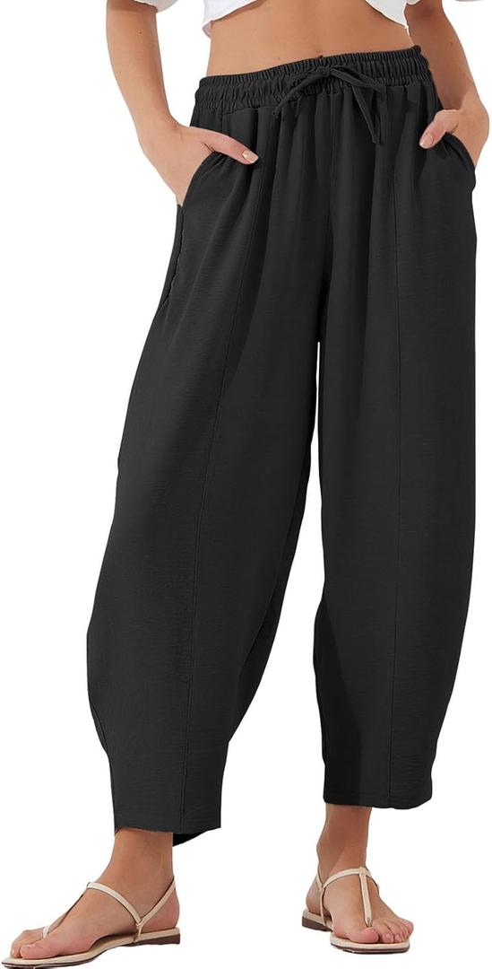 EVALESS Women's Summer High Waisted Baggy Pants Casual Ankle Length Trouser Slacks with Pockets (Large, Black)