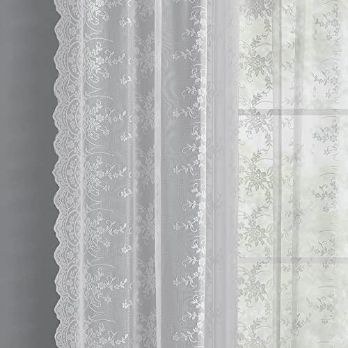 Kotile White Lace Curtains 90 Inches Long for Living Room, 2 Panels Country Vine Floral Pattern Sheer Lace Curtains for Bedroom, Rod Pocket Privacy Sheer Lace Window Curtains, 52 x 90 Inch, White