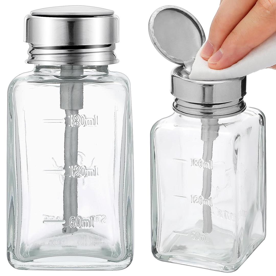 Lallisa 2 Pcs 6 Oz/ 180 ml Clear Pump Dispenser Bottle with Metal Flip Cover Glass Nail Polish Remover Push Down Dispenser Bottle Refillable Push Down Pump Dispenser Press Container for Makeup Remover