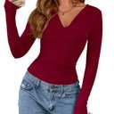 BTFBM Long Sleeve Shirts for Women 2025 Fall Fashion V Neck Knit Ruched Slim Fit Casual Basic Tees Going Out Tops Y2k(Burgundy, Small) (Red, S)