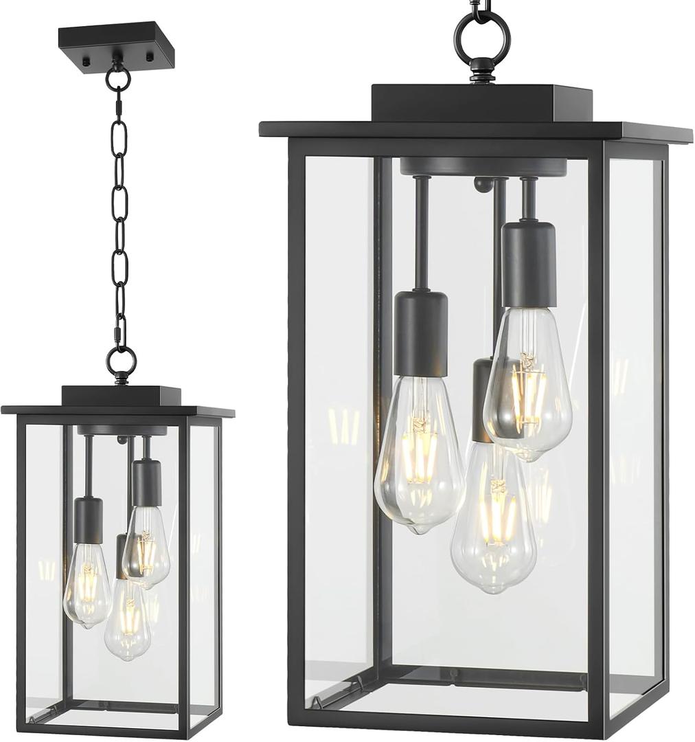 Outdoor Pendant Light Fixture E26 3-Light Modern Black Metal Outside Chandelier Exterior Hanging Fixture Ceiling Mount with Clear Glass for Porch Front Door Entrance Entryway, 1 Pack, 18 Inch