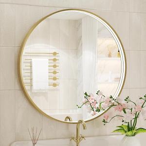 32 Inch Round LED Bathroom Mirror, Gold Metal Framed Lighted Mirror for Bathroom, Wall Mouted LED Vanity Mirror with Lights, 3 Colors and Stepless Dimmable, Anti-Fog, Memory