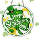 Happy St Patricks Day Door Decor, Green Shamrock Clover Farmhouse Wood Door Hanger, Spring Rustic Wooden Wreath Pediment Plaque Spring Farmhouse Wooden Wreath Indoor Wall Hanging Decoration