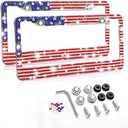 MENEONE License Plate Frame, 2 Pack USA Flag Bling Rhinestone License Plate Frame Holder, Metal Rust-Proof American Patriotic Flag Sparkling Diamond License Plate Frame for Car Truck SUV