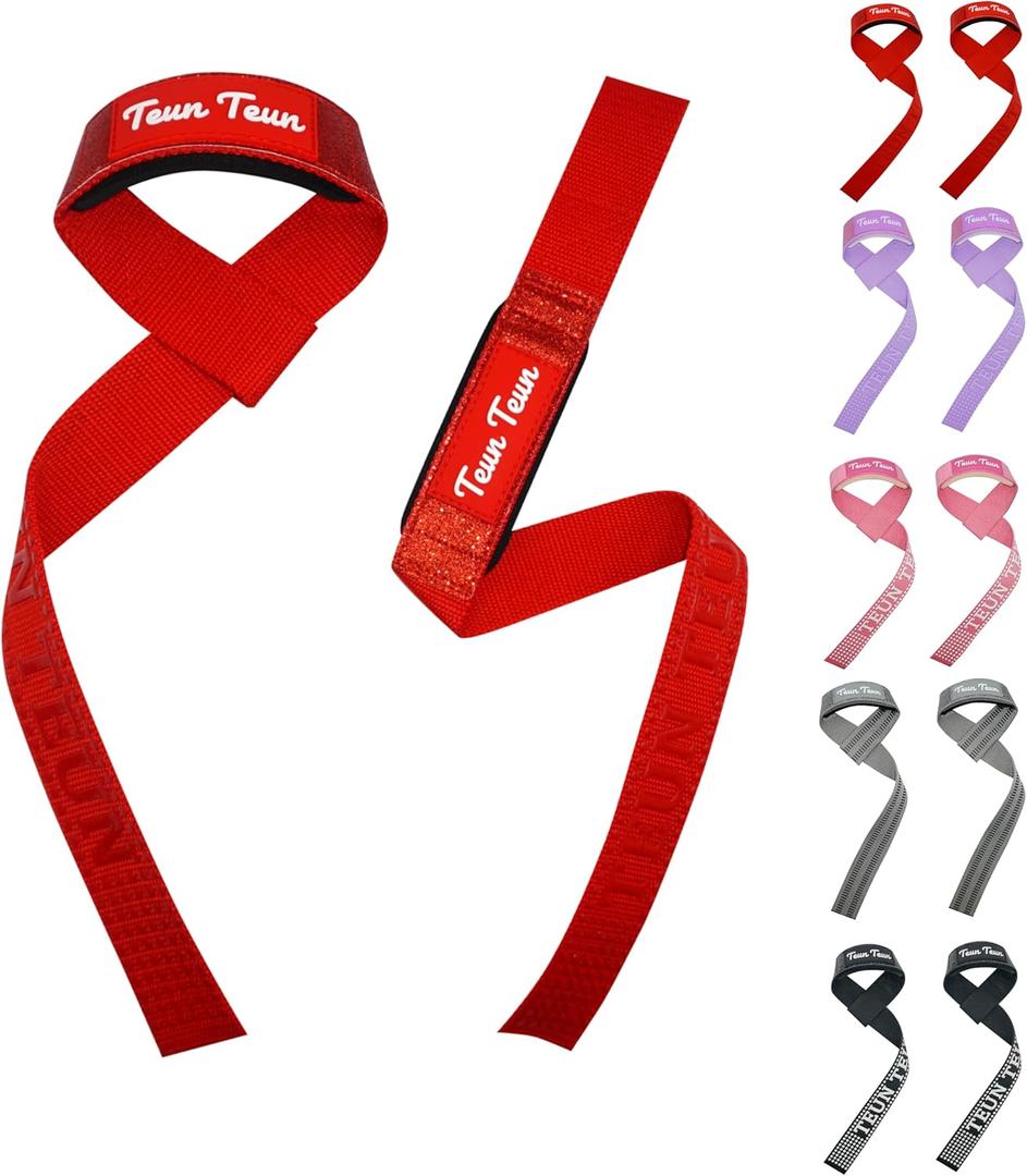 Teun Teun Glitter Weight Lifting Wrist Straps  24-Inch Cotton Gym Straps with Neoprene Padding for Deadlifts, Powerlifting, and Strength Training (Red)