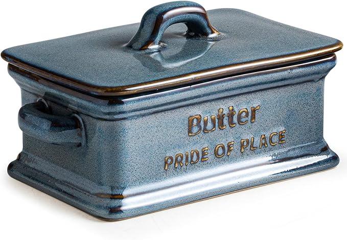 Zoeeker Butter Dish with Lid, Porcelain Butter Dish for Countertop Large Butter Keeper Butter Holder Container for East West Coast Butter, Farmhouse Decor for Valentine's Day, Blue