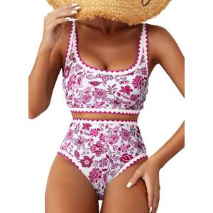 Herseas Women's Bikini Sets Floral Print Whip Stitch 2 Piece Swimsuits High Waisted Scoop Bathing Suits Medium