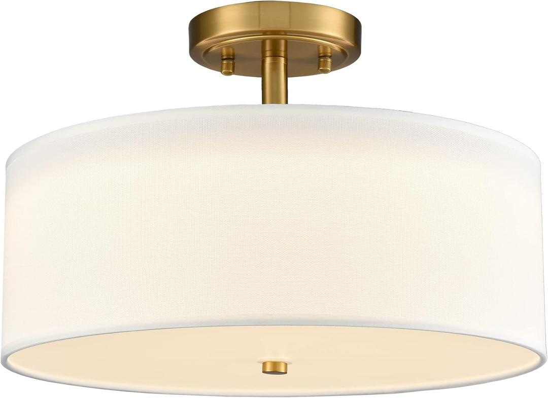 Dimmable Gold Semi Flush Mount Ceiling Light with Drum Shade Ceiling Light Fixture 30W 3000K/4500K/5500K Brass LED Flush Mount Light for Bedroom Hallway Living Room, 15-Inch