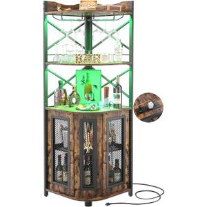 Aheaplus Corner Bar Cabinet with Power Outlet, Industrial Wine Cabinet with LED Strip and Glass Holder, 5-Tiers Liquor Cabinet Bar Unit for Home, Corner Display Cabinet for Small Space, Rustic Brown
