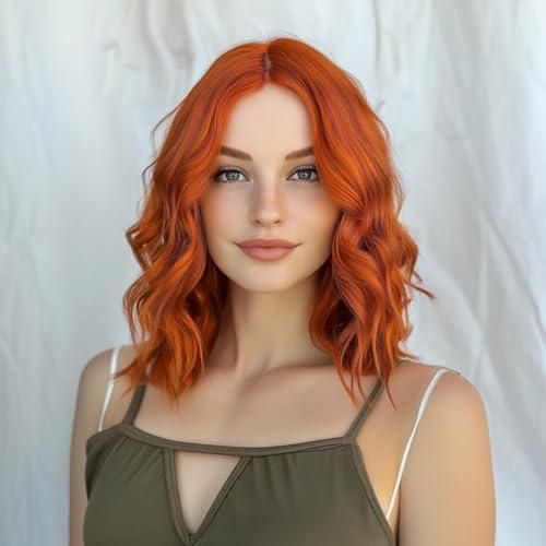 Short Wavy Copper Red Wigs for Women 12 Inch Middle Part Shoulder Length Pastel Orange Bob Wavy Wig Curly Wavy Synthetic Cosplay Wig for Girl Colorful Costume Wigs
