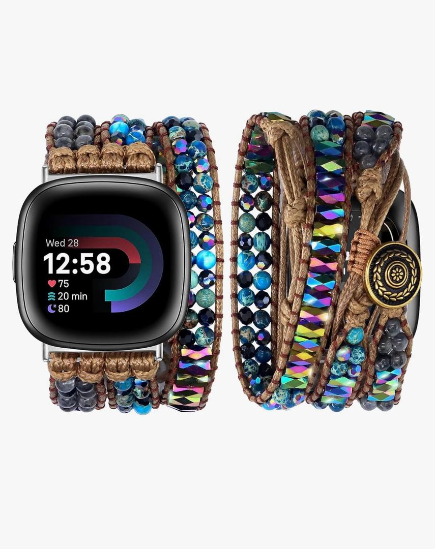 JR.DM Boho Beaded Band Women for Fitbit Versa 4/Versa 3/Sense 2/Sense Bands Natural Stone Bracelet Adjustable Handmade Braided Strap Smartwatch Replacement Wristband