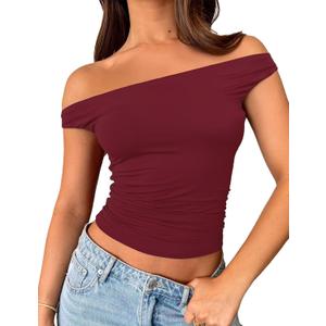 ForeFair Womens Off The Shoulder Tops Going Out Crop Top Slim Fitted Shirts Double Lined Summer Outfits Y2K Cute Tops (X-Small, Burgundy)