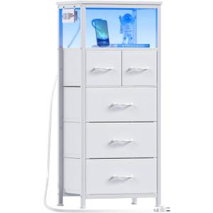 Furnulem Dresser for Bedroom, Tall Nightstand, Vertical Chest with Wood Top, Charging Station, LED Lights, 5 Fabric Bins, Bedside Table with Shelf, Furniture for Entryway (5 Drawer, White)