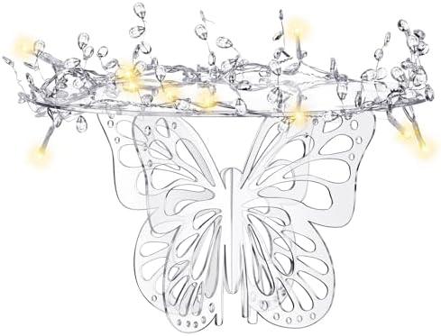 Lineshading 12" Butterfly Cake Stand Acrylic Lighted Cake Holder Acrylic Serving Platter with String Lights Water Drop Diamond String Cupcake Stand Round for Wedding Birthday Dessert Table